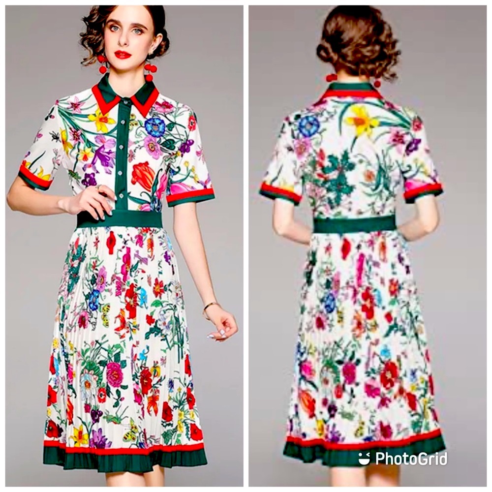 Floral Midi Dress with Green Accents